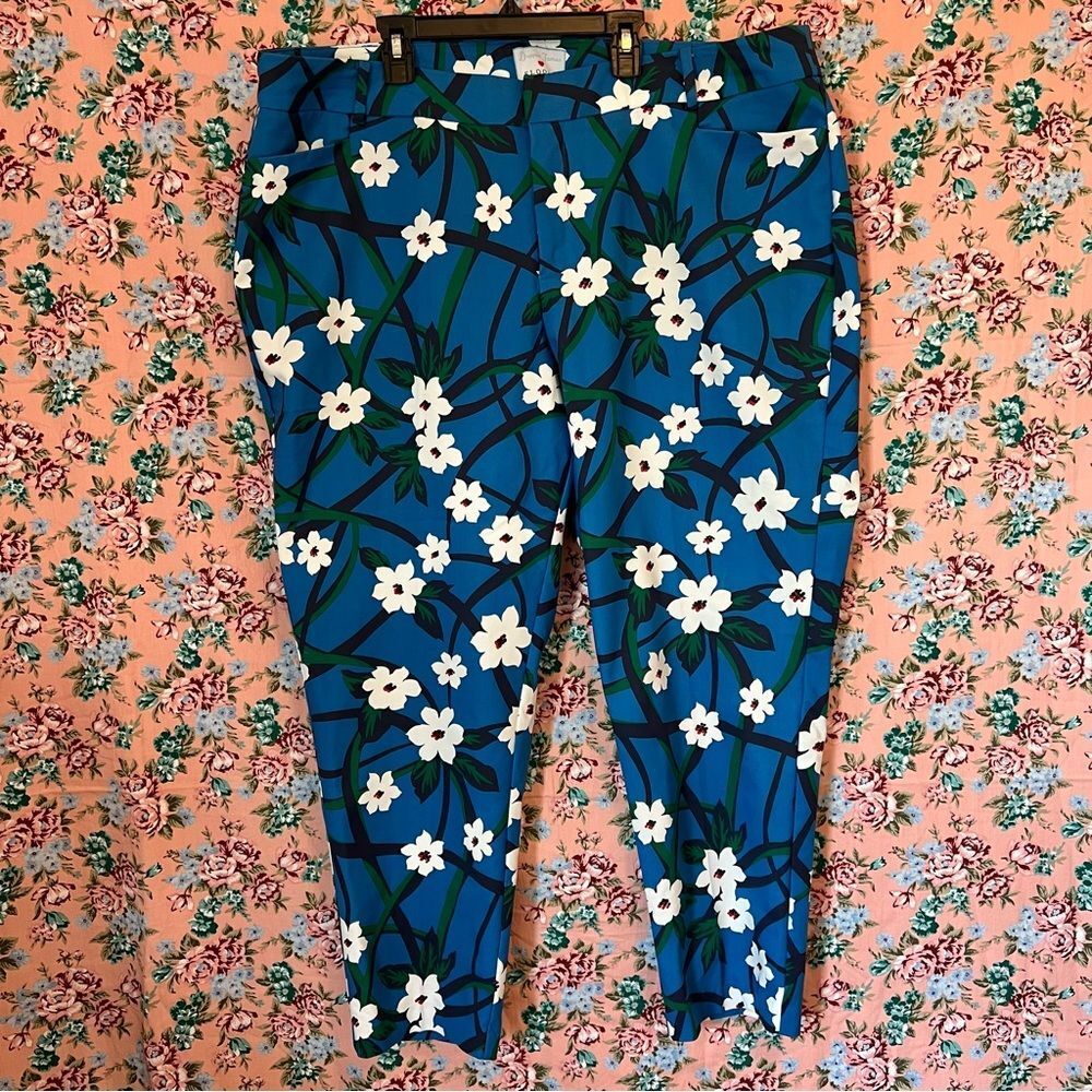 Draper James Eloquii Blue White Floral Stretch‎ Ankle Pants Sz 20 Career